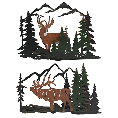 Metal Wall Decor, 2PCS Deer Metal Wall Art Decor, 3D Forest Deer Wall Decor, Metal Mountain Wall Art, Deer in The Forest Rustic Wall Decoration Hanging for Living Room Bedroom Bathroom Indoor Outdoor