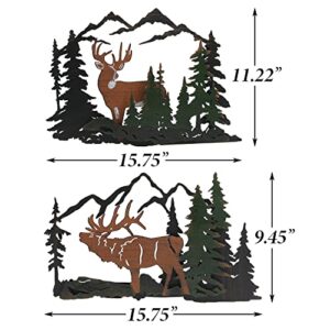 Metal Wall Decor, 2PCS Deer Metal Wall Art Decor, 3D Forest Deer Wall Decor, Metal Mountain Wall Art, Deer in The Forest Rustic Wall Decoration Hanging for Living Room Bedroom Bathroom Indoor Outdoor