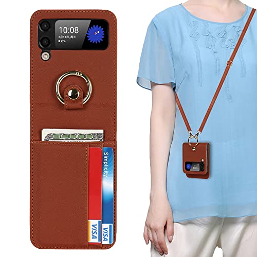 SailorTech Crossbody Case for Samsung Galaxy Z Flip 4 5G with Ring, Ultra Slim PU Leather Back Cover Wallet Cases with 4 Card Slots Lanyard Red