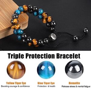 Tiger Eye Triple Protection Bracelet for Women Men, Yellow Blue Tiger Eye Hematite Bead Crystal Stone Handmade Jewelry Bracelet, Bring Luck And Prosperity Courage Bracelet