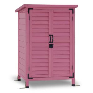 mcombo outdoor wood storage cabinet, small size garden wooden tool shed with double doors, outside tools cabinet for backyard (24.6”x 18.3”x38.2”) 0985 (pink)