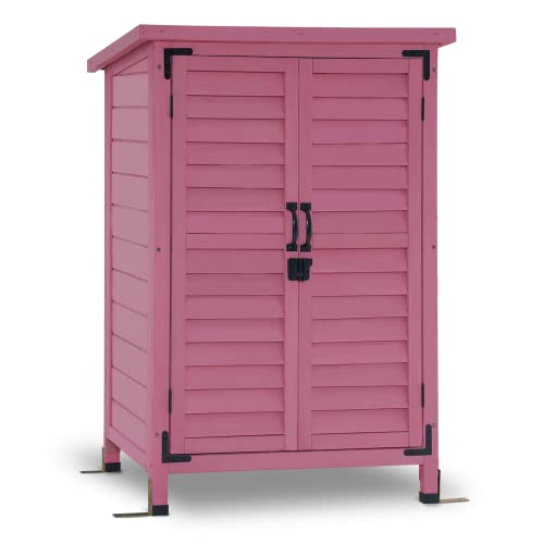 MCombo Outdoor Wood Storage Cabinet, Small Size Garden Wooden Tool Shed with Double Doors, Outside Tools Cabinet for Backyard (24.6”x 18.3”x38.2”) 0985 (Pink)