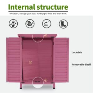 MCombo Outdoor Wood Storage Cabinet, Small Size Garden Wooden Tool Shed with Double Doors, Outside Tools Cabinet for Backyard (24.6”x 18.3”x38.2”) 0985 (Pink)