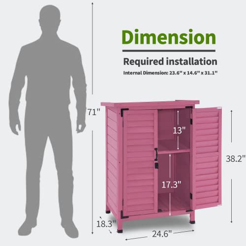 MCombo Outdoor Wood Storage Cabinet, Small Size Garden Wooden Tool Shed with Double Doors, Outside Tools Cabinet for Backyard (24.6”x 18.3”x38.2”) 0985 (Pink)