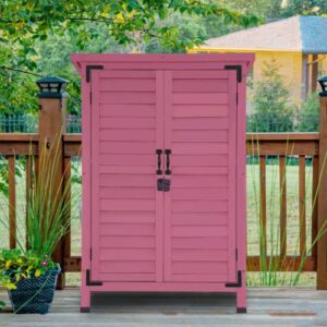 MCombo Outdoor Wood Storage Cabinet, Small Size Garden Wooden Tool Shed with Double Doors, Outside Tools Cabinet for Backyard (24.6”x 18.3”x38.2”) 0985 (Pink)