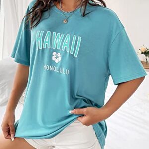 SOLY HUX Women's Oversized T Shirts Letter Print Casual Summer Tops Graphic Tees for Women Blue XL