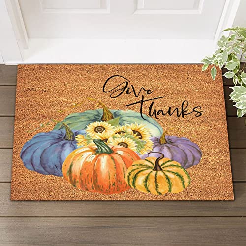 Coir Door Mat with Non-Slip Backing Give Thanks Front Door Rug 16x24in Fall Pumpkins Sunflowers Funny Entryway Rug Outdoor - Front Door Entryway Mats