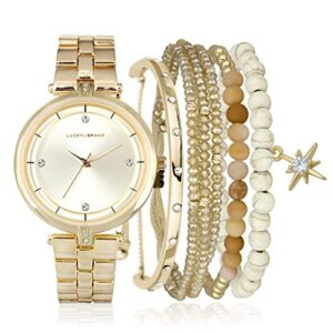 Lucky Brand Watches for Women Fashion Stainless Steel Crystal-Accented Minimalist Quartz Movement Women's Wrist Watches Bracelet Gift Box Set (Gold)