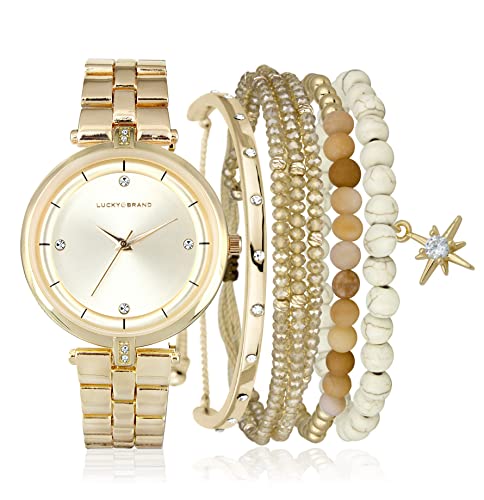 Lucky Brand Watches for Women Fashion Stainless Steel Crystal-Accented Minimalist Quartz Movement Women's Wrist Watches Bracelet Gift Box Set (Gold)