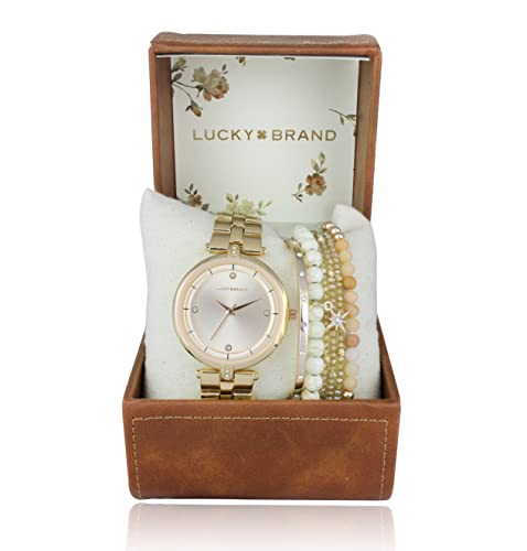 Lucky Brand Watches for Women Fashion Stainless Steel Crystal-Accented Minimalist Quartz Movement Women's Wrist Watches Bracelet Gift Box Set (Gold)