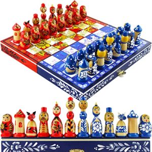 russian khokhloma vs gzhel themed chess set - hand painted wooden chess pieces as matryoshka dolls - souvenir board games for adults - chess gifts