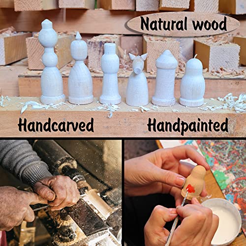 Russian Khokhloma vs Gzhel Themed Chess Set - Hand Painted Wooden Chess Pieces as Matryoshka Dolls - Souvenir Board Games for Adults - Chess Gifts