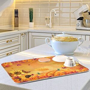 Sunflower Pumpkin Autumn Dish Drying Mat, Butterfly Maple Leaves Dry Mats for Kitchen Dishes Microfiber Dry Pad Ultra Absorbent 18x24Inch Reversible Drying Drainer Sink Mat