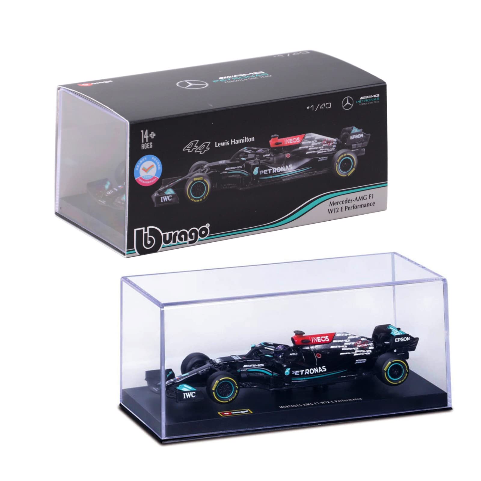 HTLNUZD 1:43 Bburago 2021Racing F1W12#44 Lewis Hamilton 1/43 Static Simulation Diecast Alloy F1 Formula Car Model (Hardcover Version)