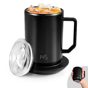 fieeswarm temperature control smart mug, coffee mug warmer with mug for desk home office, 4 hr battery life, 12 oz self heated coffee mug - improved design, (black)