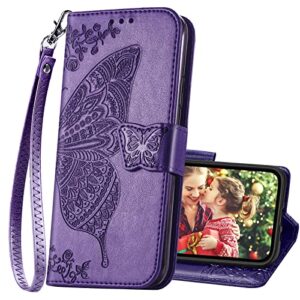 krhgeik designed for iphone 13 mini wallet case,women flip folio cover with butterfly embossed pu leather kickstand credit card holder slots wrist strap phone case for iphone 13 mini 5.4" (purple)