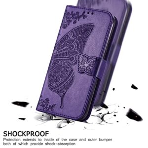 KRHGEIK Designed for iPhone 13 Mini Wallet Case,Women Flip Folio Cover with Butterfly Embossed PU Leather Kickstand Credit Card Holder Slots Wrist Strap Phone Case for iPhone 13 Mini 5.4" (Purple)