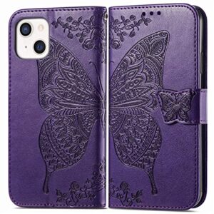 KRHGEIK Designed for iPhone 13 Mini Wallet Case,Women Flip Folio Cover with Butterfly Embossed PU Leather Kickstand Credit Card Holder Slots Wrist Strap Phone Case for iPhone 13 Mini 5.4" (Purple)