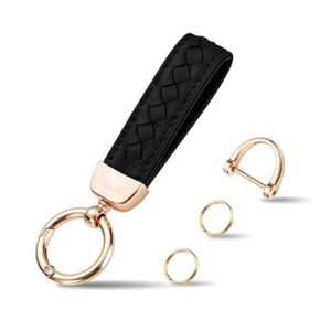 hamdecro genuine leather car keychain, handmade knit sheepskin key chains for women, universal key fob holder with 360 degree rotatable, anti-lost d-ring, 2 keyrings and 1 screwdriver – black