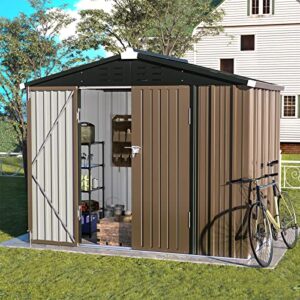 UDPATIO Outdoor Storage Shed 8x6 FT, Metal Garden Shed for Bike, Garbage Can, Tool, Lawnmower, Outside Sheds & Outdoor Storage Galvanized Steel with Lockable Door for Backyard, Patio, Lawn, Brown