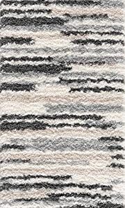 Lux Shag Collection - Moroccan Farmhouse Living Room Bedroom Shaggy Area Rug - Bohemian Shag Rug - Plush High Pile - Southwestern Boho Soft Carpet - Tribal Aztec - Grey, Off White, Beige - 5'3" x 7'3"