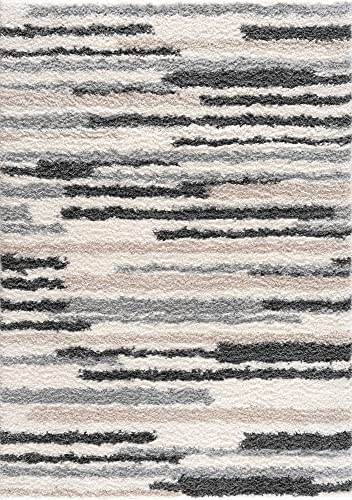 Lux Shag Collection - Moroccan Farmhouse Living Room Bedroom Shaggy Area Rug - Bohemian Shag Rug - Plush High Pile - Southwestern Boho Soft Carpet - Tribal Aztec - Grey, Off White, Beige - 5'3" x 7'3"