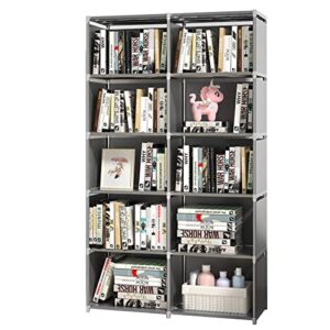 qpey bookshelves, gray bookcase double row 10-grid cube storage organizer tall portable bookshelf vertical shelf for storage