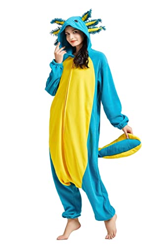 DarkCom Animal Onesie Flannel One Piece Cosplay Blue Axolotl Halloween Costume for Girls Boys