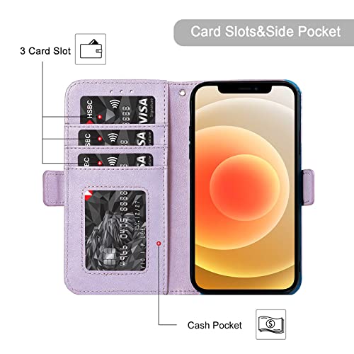 Amnirk iPhone 13 Wallet Case, PU Leather Flip Folio Case [Hand Strap] [3-Slots] Card Holders Pocket for iPhone 13 (Light Purple)