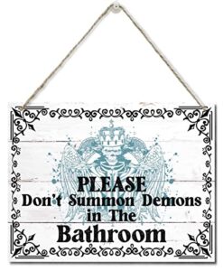 auii jo design halloween wooden wall art signs, hanging printed wall plaque wood signs, please don't summon demons in the bathroom sign, halloween bathroom decor, bathroom sign 10 x 7.8 in