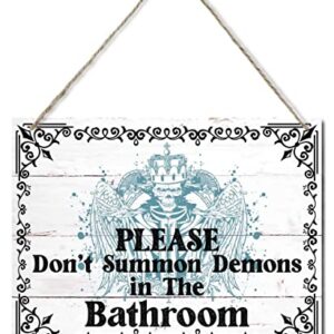 AUII JO DESIGN Halloween Wooden Wall Art Signs, Hanging Printed Wall Plaque Wood Signs, Please Don't Summon Demons in the Bathroom Sign, Halloween Bathroom Decor, Bathroom Sign 10 X 7.8 in