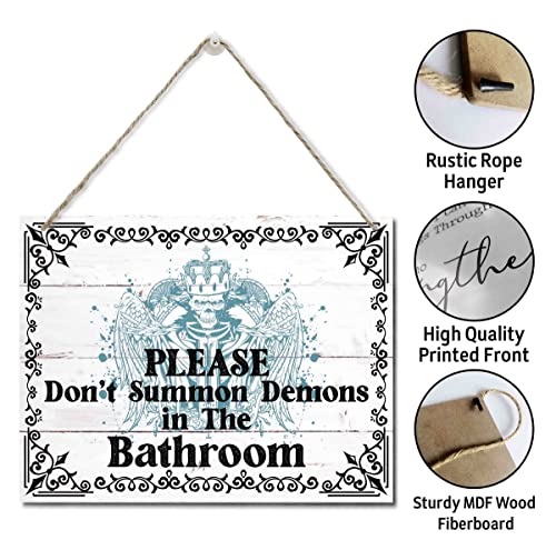 AUII JO DESIGN Halloween Wooden Wall Art Signs, Hanging Printed Wall Plaque Wood Signs, Please Don't Summon Demons in the Bathroom Sign, Halloween Bathroom Decor, Bathroom Sign 10 X 7.8 in