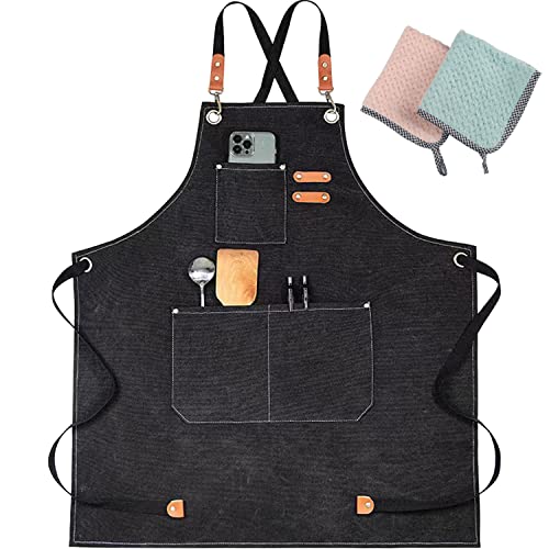 JINSHANGTOPK Chef Apron, Aprons for Men, Adjustable Strap Cotton Canvas Cross Back Apron with Large Pockets for Women and Men Kitchen Cooking Baking Bib Apron(Black)