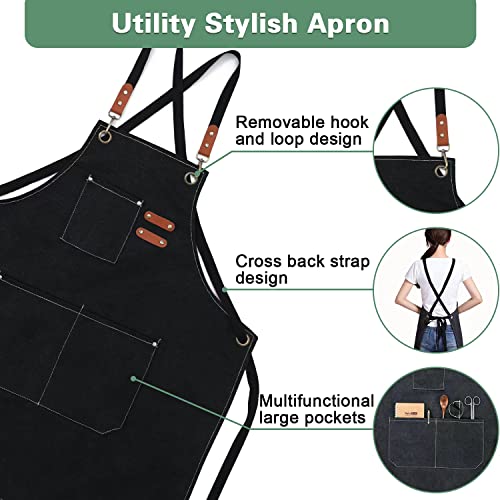 JINSHANGTOPK Chef Apron, Aprons for Men, Adjustable Strap Cotton Canvas Cross Back Apron with Large Pockets for Women and Men Kitchen Cooking Baking Bib Apron(Black)