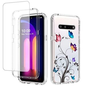 ueokeird case for lg v60 thinq 5g case/lg v60/lm-v600 case with tempered-glass screen protector, cute clear butterfly pattern full body protective phone cover cases for lg v60 thinq (butterfly tree)