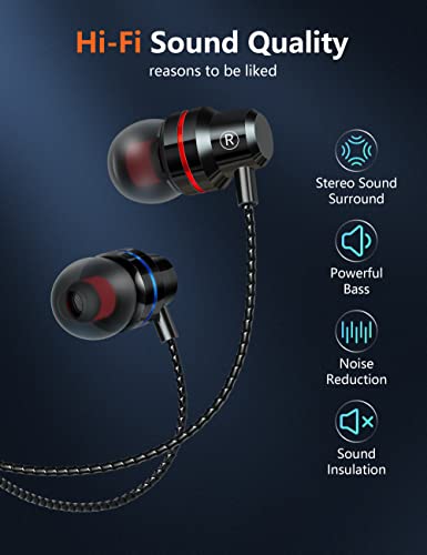 Arsvita Wired Earbuds Headphones In-Ear Noise Cancelling Ear buds with Deep Bass Stereo Sound, Volume Control,Compatible for All 3.5mm Interface Devices, Phone, Tablet, MP3, CD Player, Cassette Player