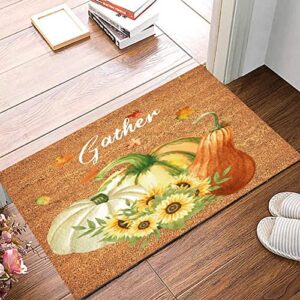 Fall Gather Coir Doormat Weather Resistant Door Mats Outdoor Funny Indoor Outdoor Welcome Front Entrance Doormat Autumn Pumpkin Sunflowers Fall Welcome Mat Front Door Entryway Mats 16x24in