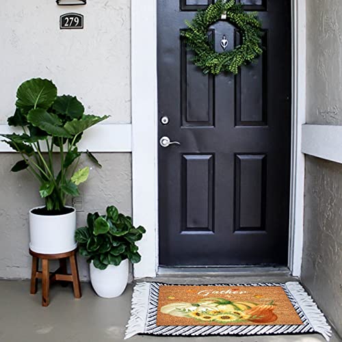 Fall Gather Coir Doormat Weather Resistant Door Mats Outdoor Funny Indoor Outdoor Welcome Front Entrance Doormat Autumn Pumpkin Sunflowers Fall Welcome Mat Front Door Entryway Mats 16x24in