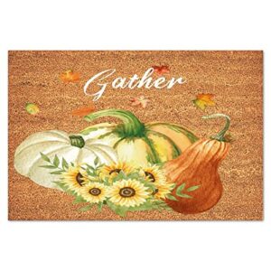 Fall Gather Coir Doormat Weather Resistant Door Mats Outdoor Funny Indoor Outdoor Welcome Front Entrance Doormat Autumn Pumpkin Sunflowers Fall Welcome Mat Front Door Entryway Mats 16x24in