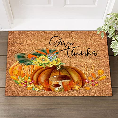 Coir Mat Natural Fade - Vinyl Backed Give Thanks Outdoor Doormats 16x24in Pumpkin Sunflowers Fall Leaves Front Porch Welcome Mats for Outside Porch Entrance