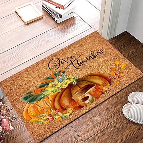 Coir Mat Natural Fade - Vinyl Backed Give Thanks Outdoor Doormats 16x24in Pumpkin Sunflowers Fall Leaves Front Porch Welcome Mats for Outside Porch Entrance