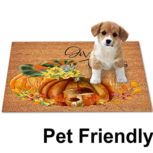 Coir Mat Natural Fade - Vinyl Backed Give Thanks Outdoor Doormats 16x24in Pumpkin Sunflowers Fall Leaves Front Porch Welcome Mats for Outside Porch Entrance