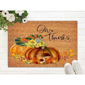 Coir Mat Natural Fade - Vinyl Backed Give Thanks Outdoor Doormats 16x24in Pumpkin Sunflowers Fall Leaves Front Porch Welcome Mats for Outside Porch Entrance