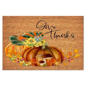 Coir Mat Natural Fade - Vinyl Backed Give Thanks Outdoor Doormats 16x24in Pumpkin Sunflowers Fall Leaves Front Porch Welcome Mats for Outside Porch Entrance