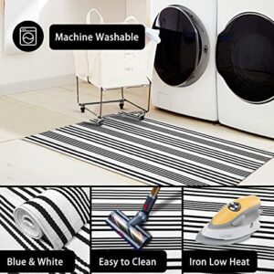 KOZYFLY Striped Outdoor Rug 3x5 Ft Black and White Front Door Rug Hand Woven Area Rug Washable Outdoor Doormats Outdoor Entrance Mat for Front Door Kitchen Entryway Patio Front Porch Decor