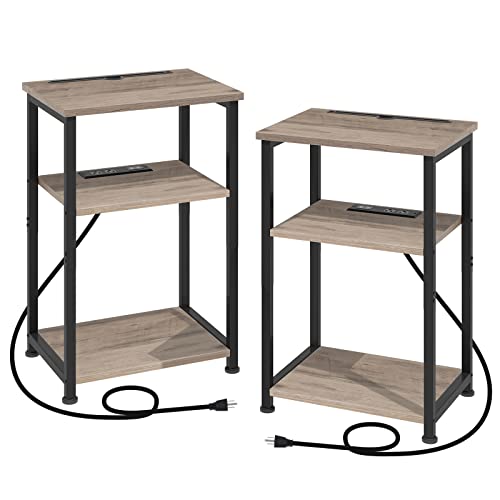 AMHANCIBLE Nightstands Set of 2, Side Table with Charging Station Phone Holder, End Tables Living Room with USB Ports & Outlets, Bedside Tables for Bedroom, HET033GY