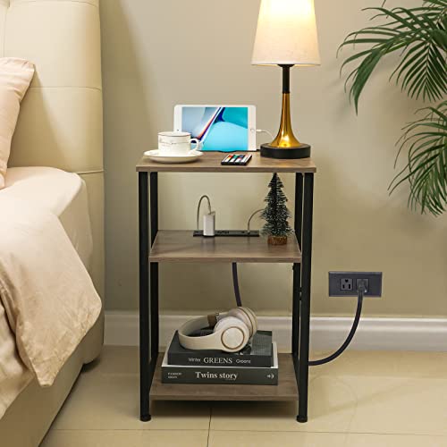 AMHANCIBLE Nightstands Set of 2, Side Table with Charging Station Phone Holder, End Tables Living Room with USB Ports & Outlets, Bedside Tables for Bedroom, HET033GY