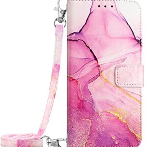 Compatible with Samsung Galaxy Z Fold 4 Case with Wallet Marble Pink Purple Gold with Long Crossbody Lanyard and Hand Strap for Samsung Galaxy Z Fold4