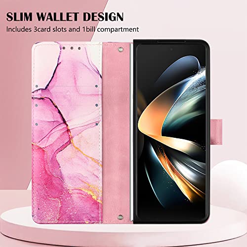 Compatible with Samsung Galaxy Z Fold 4 Case with Wallet Marble Pink Purple Gold with Long Crossbody Lanyard and Hand Strap for Samsung Galaxy Z Fold4