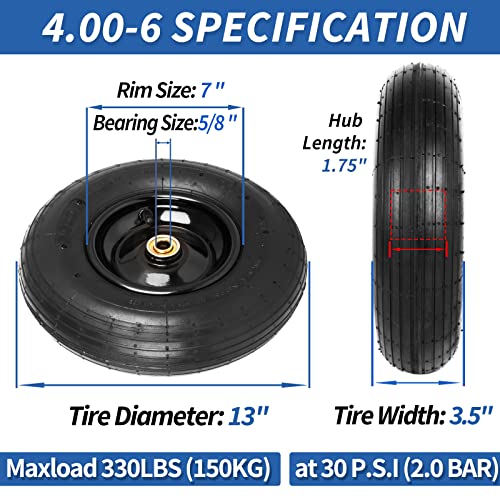 GICOOL 4.00-6 Tire and Wheel, 13" Wheelbarrow Pneumatic Tire, 5/8" & 3/4" Bearings, 1.75-6" Centered Hub,Sealed Bearings for Wheelbarrows Trolley Dolly Garden Wagon Gorilla Cart Wheel Replacement